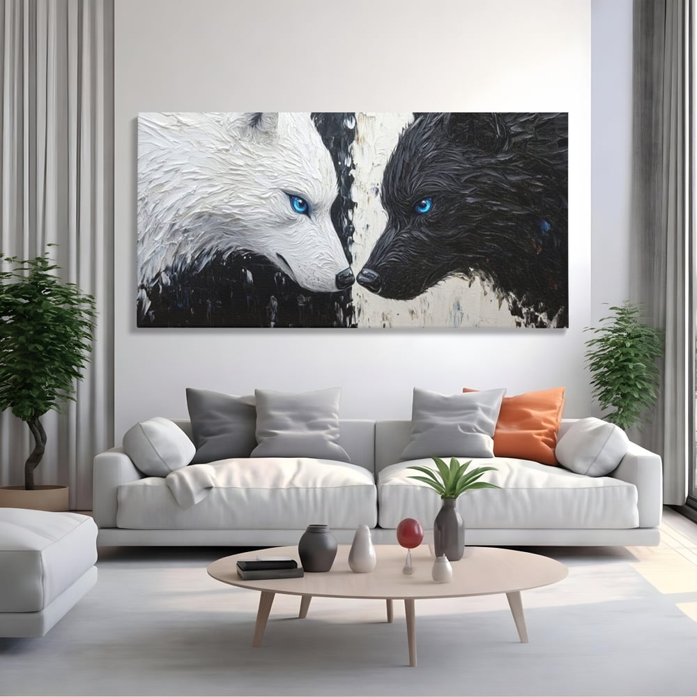 Tablou canvas cu tablou canvas cu doi lupi, fara rama, pe sasiu de lemn, pe perete intr-un living